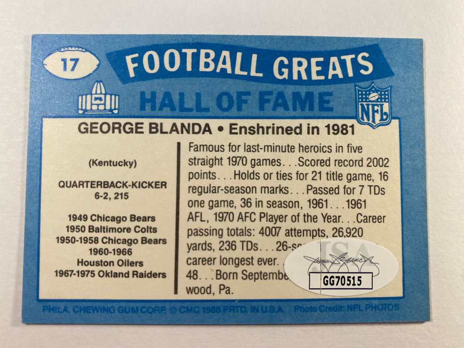 George Blanda Autographed 1988 Swell Football Greats Card - Raiders - JSA Authenticated