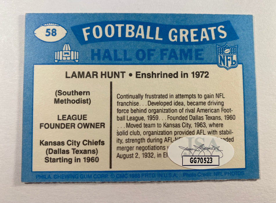 Lamar Hunt Autographed 1988 Swell Football Greats Card - Chiefs Owner - JSA Authenticated