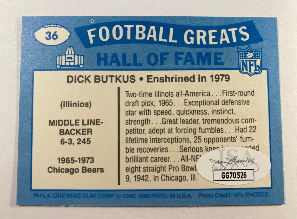 Dick Butkus Autographed 1988 Swell Football Greats Card - Chicago Bears - JSA Authenticated