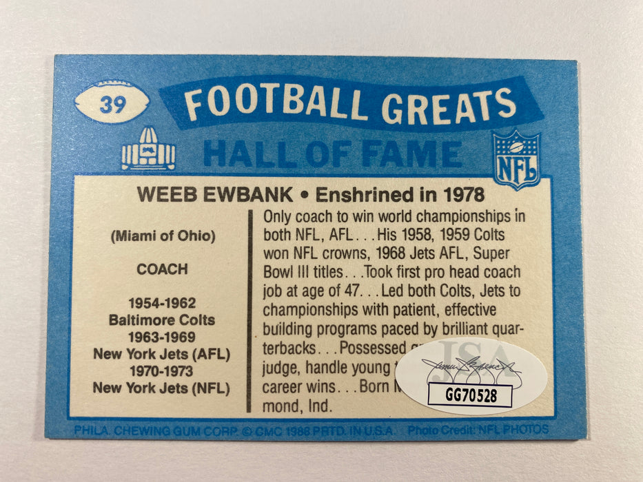 Weeb Ewbank Autographed 1988 Swell Football Greats Card - Colts, Jets - JSA Authenticated